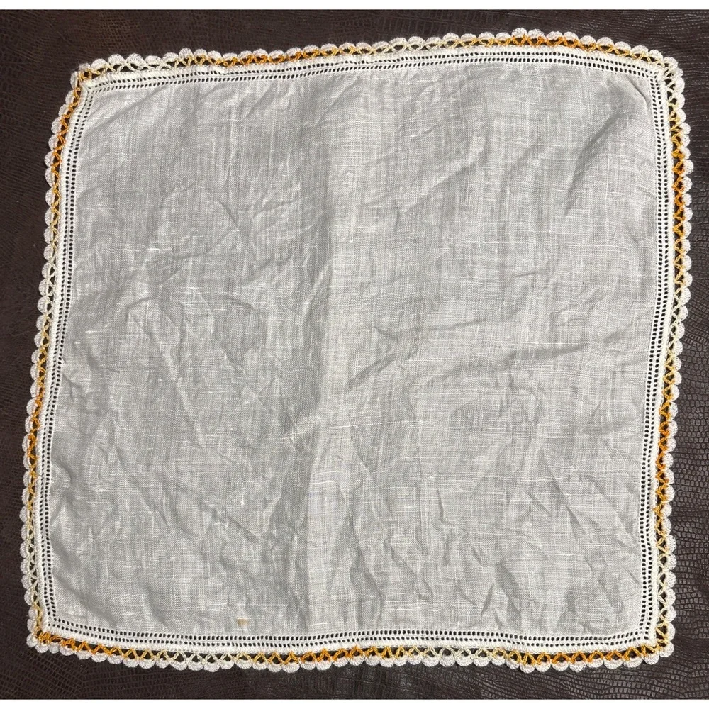VTG Victorian Handkerchief Crochet Trim White Yellow/Orange 11.5
